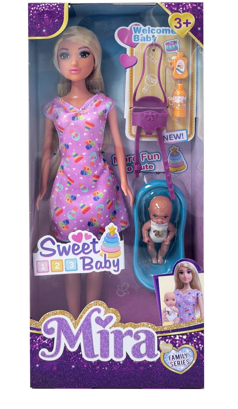 Mira Doll Happy Time with Baby Set – 11.5 Inch Fashion Doll Baby Care Series with Baby Carrier & Baby Bathtub | Girls Toys 3+ - Image 1